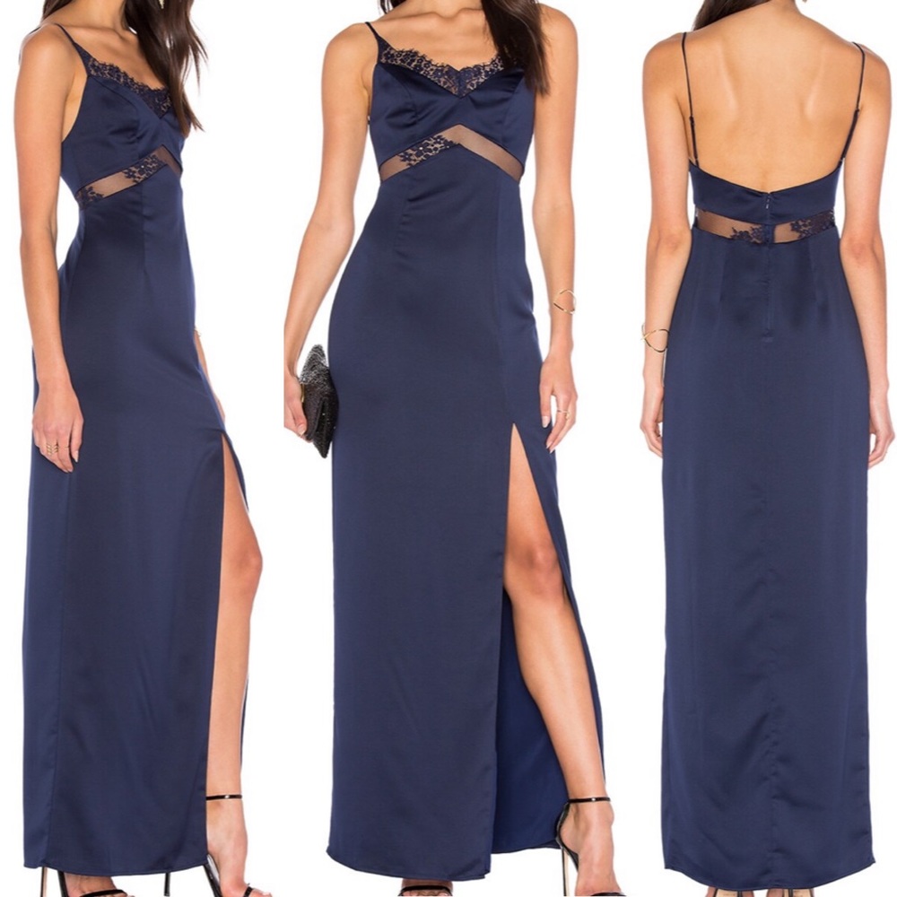NBD X REVOLVE DESIGNER Saint Navy Blue Lace Cut Out Gown Side Slit Formal